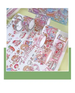 Ensemble de ruban adhésif washi rose et autocollants PET pour la décoration de journaux intimes.