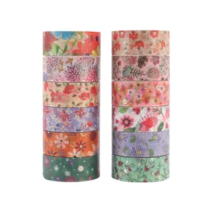 Decorative floral washi tape set with gold foil design, perfect for journal crafts and scrapbooking.