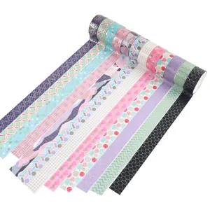 Detailed close-up of colorful gold foil washi tape, geometric pattern journal sticker.