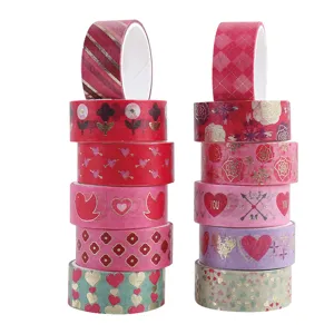 Valentine's Day gold foil washi tape set, decorative masking tape rolls for DIY journaling crafts.