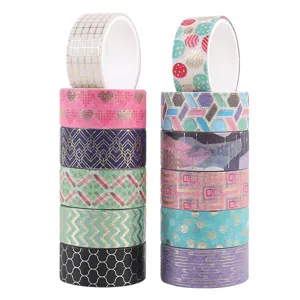 Decorative washi tape set featuring gold foil geometric and dot patterns for crafting.