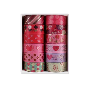 Set of 12 decorative gold foil washi tape rolls featuring romantic Valentine's Day designs.