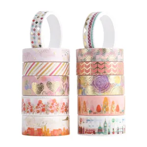 Decorative washi tape set detail view featuring colorful foil stamping patterns for journaling.