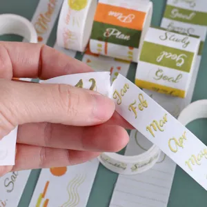 Close-up detail of decorative washi tape with month and text prints, perfect for planner DIY crafts.
