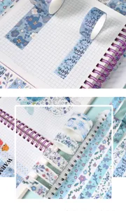 Detailed view of blue floral washi tape set, featuring various botanical patterns for journaling.