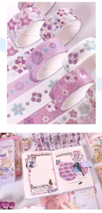 Detailed view of purple cherry blossom washi tape set, bronzing floral decorative tape.