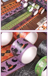 Halloween washi tape detail view, gold stamping cartoon journaling stickers and decoration material.