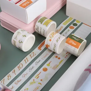 Decorative washi tape detail showing various patterns, dates, and planner stickers for journaling.