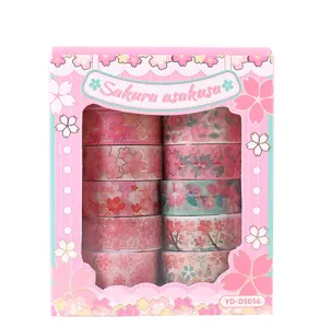 Pink cherry blossom washi tape set 12 rolls decorative masking tape for DIY scrapbooking journal supplies.