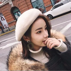 Women Winter Warm Beret Hat Solid Color Knitted Woolen Painter Hat Korean Style Classic Pumpkin Hat Fashion Accessory
