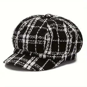 Gorra octogonal de tweed a cuadros negro blanco retro boina otoño invierno cálida