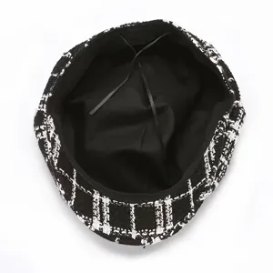 Boina de tweed a cuadros en blanco y negro mujer otoño invierno cálida elegante gorra de periódico