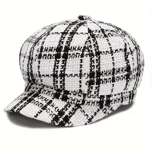 Gorra newsboy de tweed en blanco y negro para mujer, sombrero octogonal vintage otoño invierno.