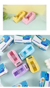 Macaron color desktop tape dispenser and cutter with box, cute office stationery tool.