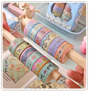 Set di nastro washi dorato vintage per diario fai da te, rotoli di nastro adesivo decorativo classico.