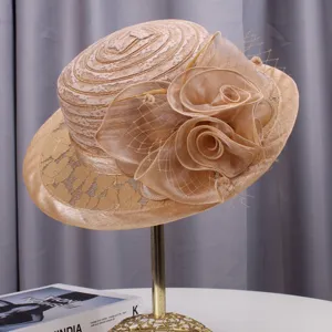 Elegant women vintage flat top hat with organza flower lace summer beach sun protection hat