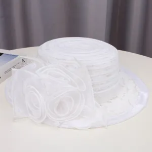 Women white lace flat top hat vintage floral organza sun hat elegant tea party headwear