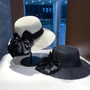 Women Summer Wide Brim Straw Hat Sun Protection Hepburn Style Beach Cap With Elegant Bow And Mesh Face Cover