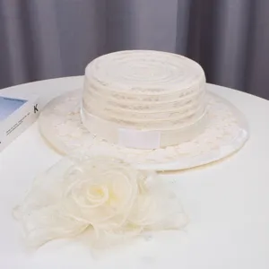 Women Summer Vintage Flat Top Lace Sun Hat Elegant Floral Mesh Beach Sunshade Cap