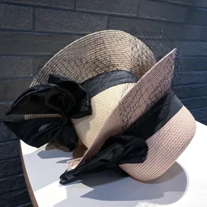 Summer Hepburn style women straw hat with black bow mesh face veil wide brim sun protection hat