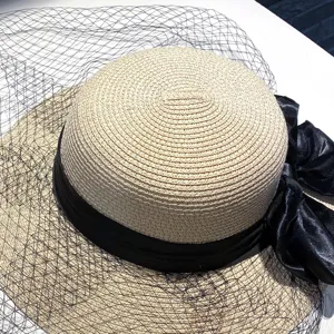 Women summer straw hat with black ribbon bow and mesh veil Hepburn style wide brim sun hat