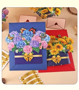 Set cartes pop-up fleurs avec enveloppes et étiquettes pour anniversaire et fête des mères.