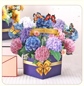 Carte de vœux 3D fleurs d'hortensia bouquet pour anniversaire et fête des mères détail.