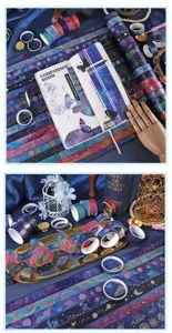 Detailed view of starry sky galaxy gold foil washi tape sets for DIY journaling and crafts.