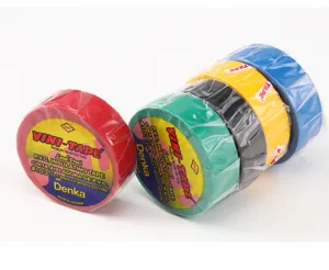 Detailed view of colorful PVC electrical insulating tapes with clear label and size specs.