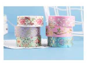 Gold foil washi tape decorative set, exquisite floral pattern masking tape for journal DIY crafts.