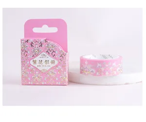Pink floral washi tape detail showing exquisite gold stamping damask pattern and box.