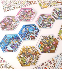 Miniature folding DIY stickers detail showing cute 3D cartoon scenery and room designs.