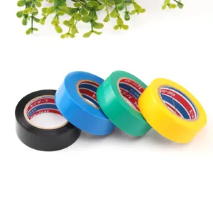 Set of 4 colored electrical insulating tape rolls in black blue green and yellow colors.
