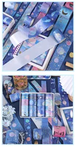 Detailed view of starry night washi tape set with gold foil celestial space designs.