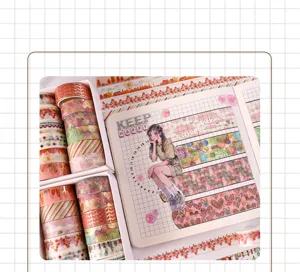 Detailed view of Huayan hot stamping washi tape set displayed with journal design.
