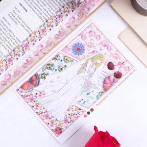Close-up detail of floral washi tape with scrapbook card and notebook props, aesthetic design.