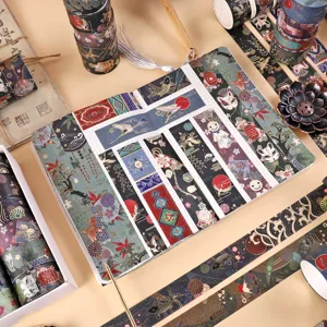 Japanese style washi tape set with gold foil stamping, grid journal notebook for DIY crafts.