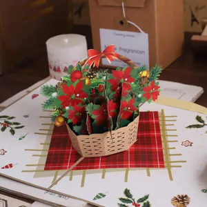 Christmas 3D pop up greeting card holiday gift paper sculpture flower basket design for Xmas.