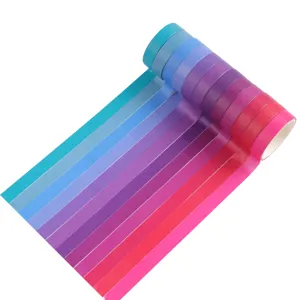 Rainbow washi tape set, colorful gradient masking tape rolls for DIY crafts, journaling, and decor.