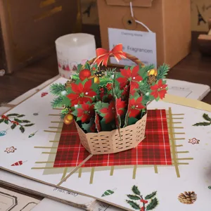 3d pop up christmas greeting card with basket and poinsettia flowers for holiday gift