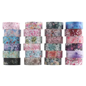 Decorative floral washi tape set, colorful botanical adhesive masking tape for DIY crafts detail.