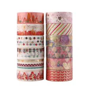 Decorative washi tape set, colorful gold foiled masking tapes for journaling crafts.