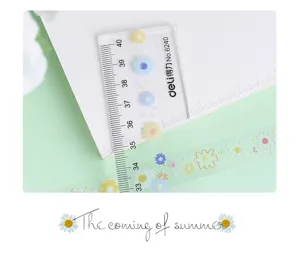 Close-up detail of transparent PET decorative tape featuring floral daisy pattern for DIY.