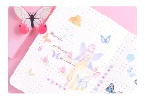 Detailed view of PET transparent washi tape and sticker set, butterfly and fairy theme journaling.