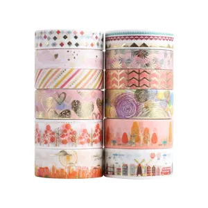 Decorative washi tape set, 10 rolls of gold foil sticky tape for craft and journaling.
