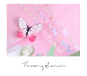 Close-up detail of transparent PET washi tape and butterfly stickers for journaling crafts.
