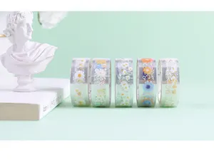 Clear PET daisy washi tape set, 5 rolls of decorative floral stickers for journaling DIY.