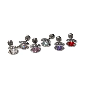Exquisite colored shell cartilage stud earrings set, cute pearl and gemstone design jewelry.