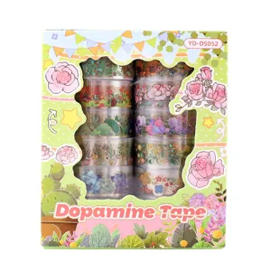 Set di nastro Washi trasparente PET decorativo con simpatici motivi floreali e di piante in scatola.