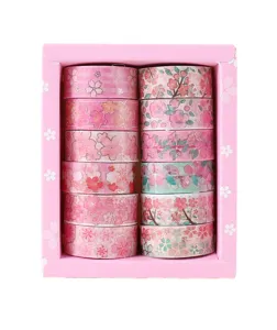 12-roll pink cherry blossom washi tape set with gold foil accents for DIY journaling and decoration.